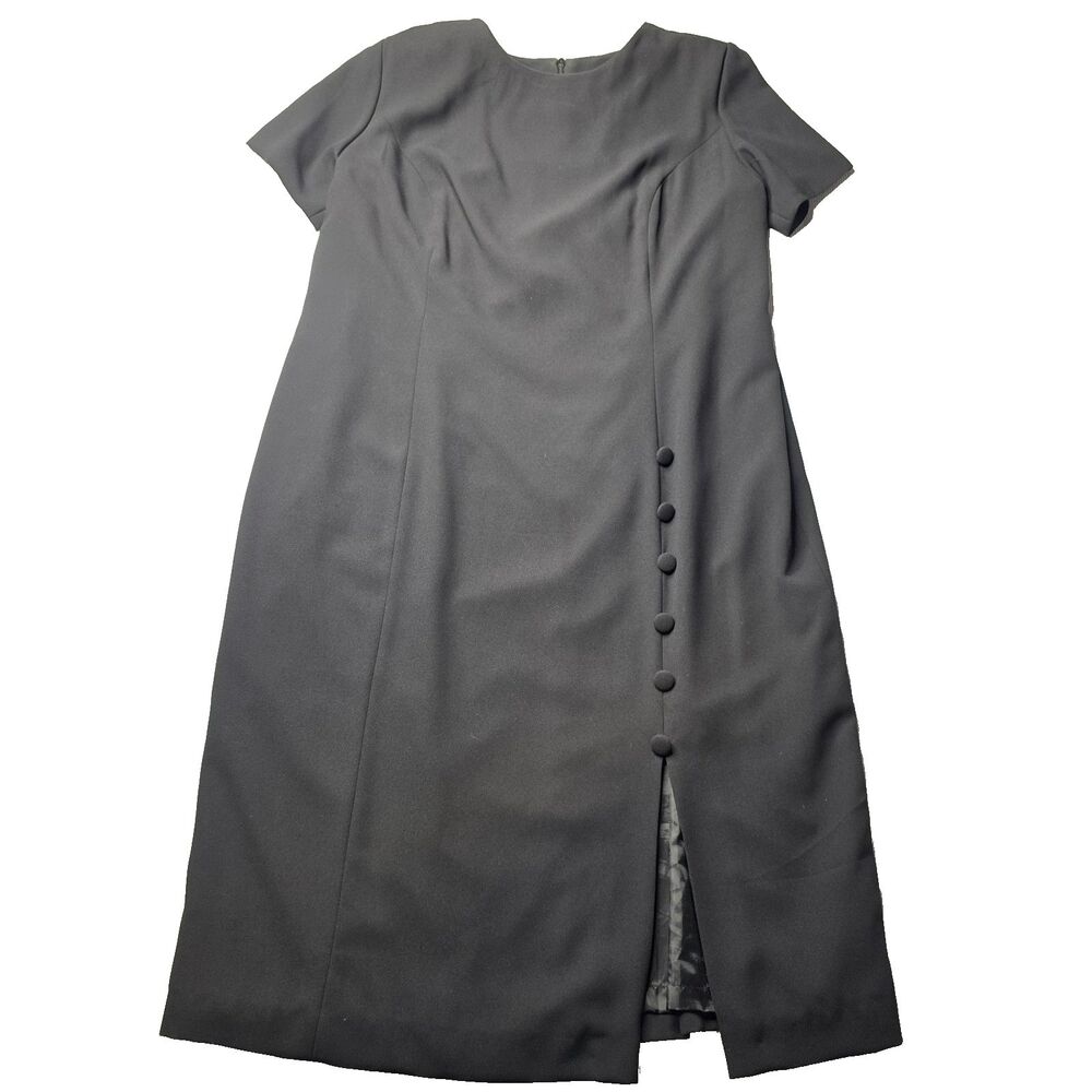 Vintage Worthington Dress Womens 18W Black Midi Sheath Short Sleeve Button 90s